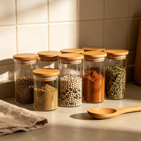 Glass Seasoning Containers With Wooden Lids